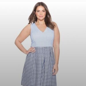 Eloquii Blue Gingham Plaid Dress Fit n Flare V-Neck Sleeveless Plus Size 18